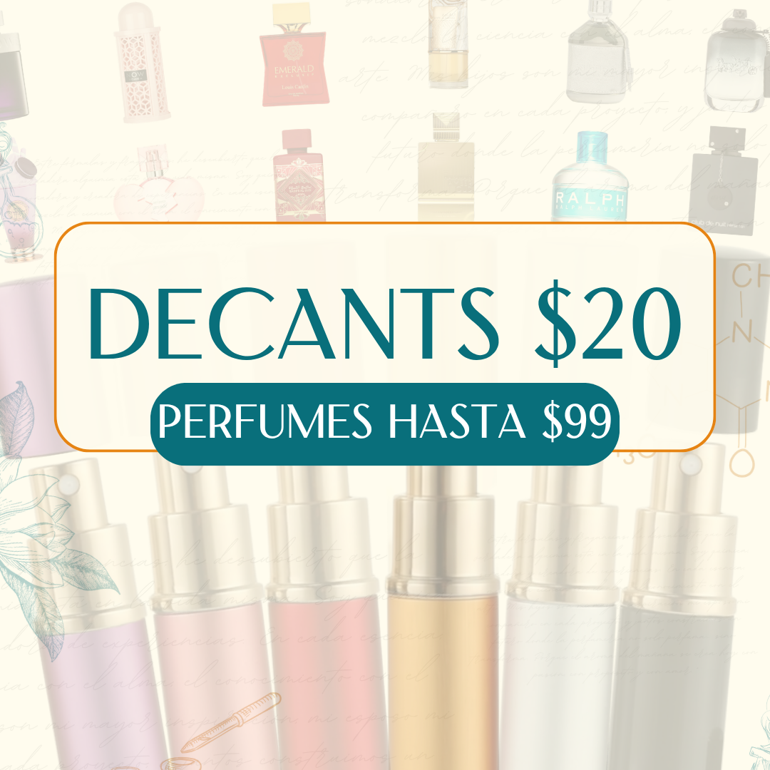 Promotional graphic for decant perfumes with the text 'DECANTS $20 PERFUMES HASTA $99' over a faded background of perfume bottles and illustrations.