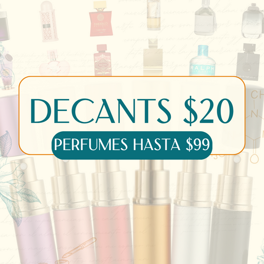 Promotional graphic for decant perfumes with the text 'DECANTS $20 PERFUMES HASTA $99' over a faded background of perfume bottles and illustrations.