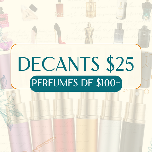 Promotional graphic for a perfume deal, featuring the text 'DECANTS $25' and 'PERFUMES DE $100+' over a collage of various decant perfume bottles in soft pastel colors like pink, beige, and white.