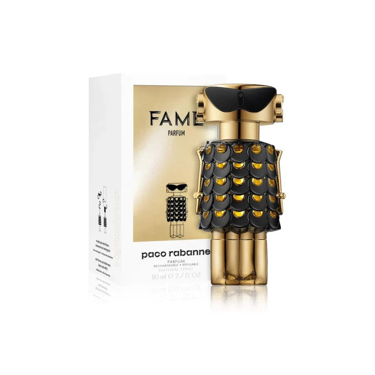 Paco Rabanne Fame perfume bottle and packaging on a white background