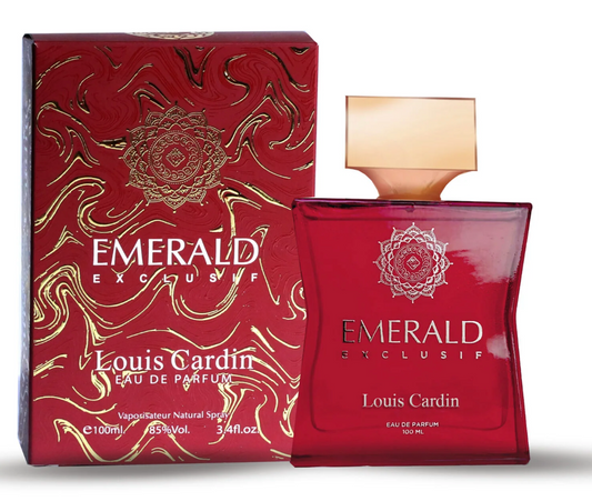 Red perfume bottle and packaging with 'Emerald Exclusif' branding on a white background