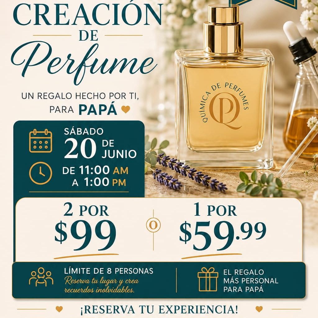 Advertisement for perfume creation event with Quimica de Perfumes branding, featuring a perfume bottle and promotional text.