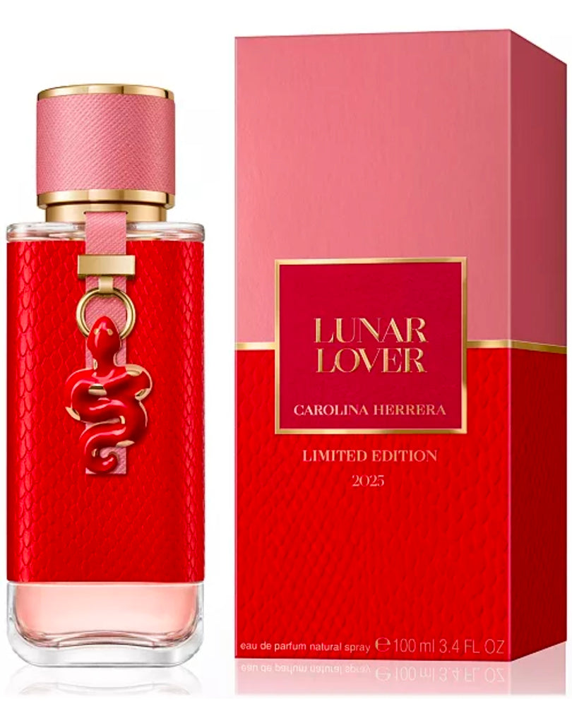 Red perfume bottle and packaging of Carolina Herrera Lunar Lover on a white background