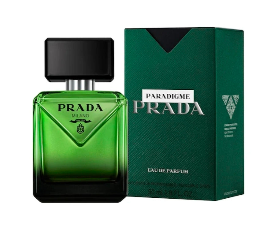 Prada Paradigme Eau de Parfum bottle and packaging on a white background