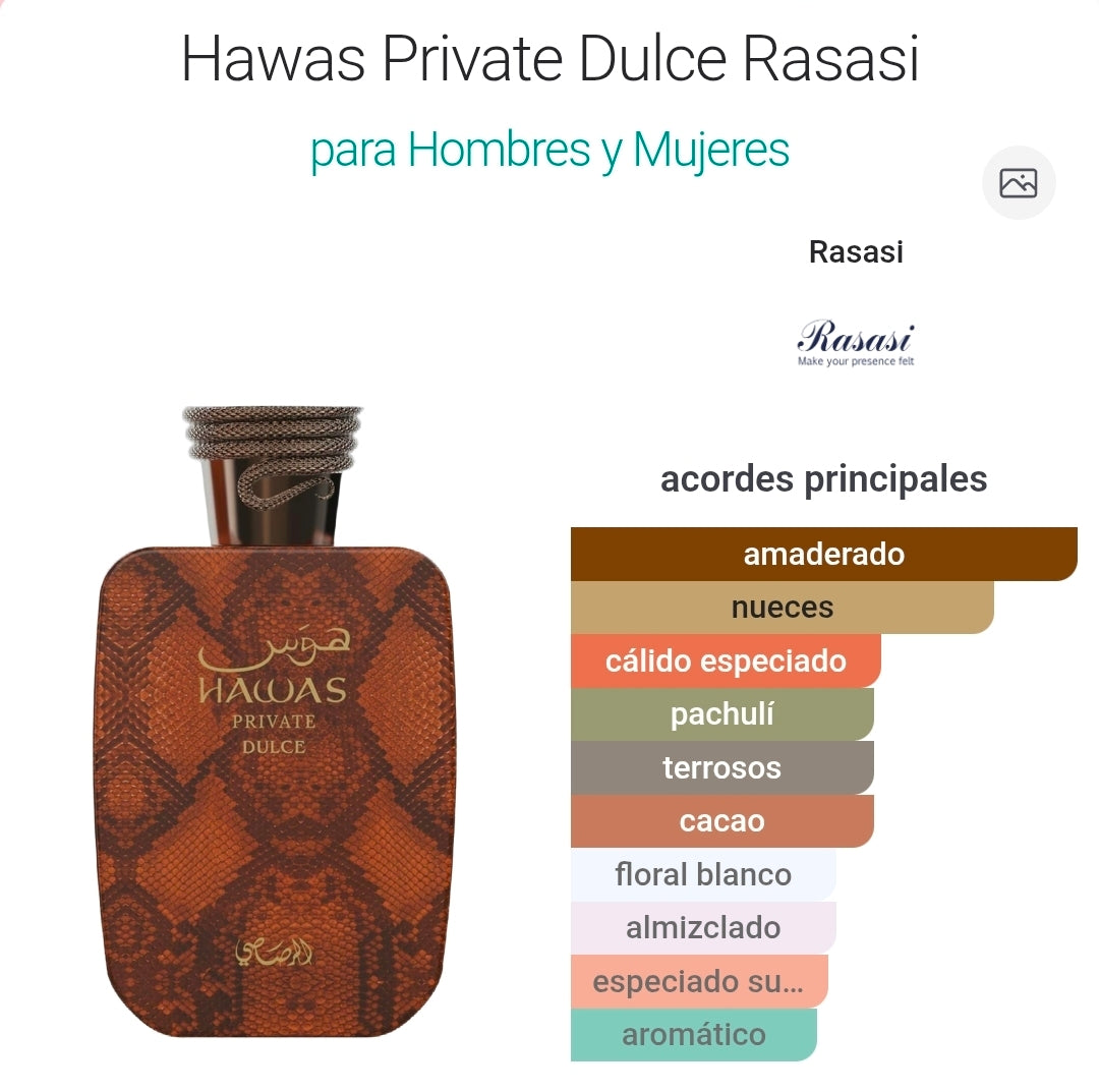 Hawas Private Dulce by Rasasi Extrait de Parfum 3.4 oz Unisex