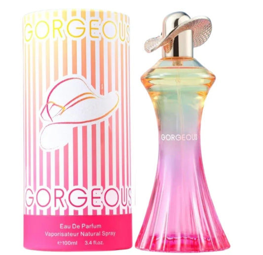 Perfume bottle and packaging with 'GORGEOUS' branding on a white background
